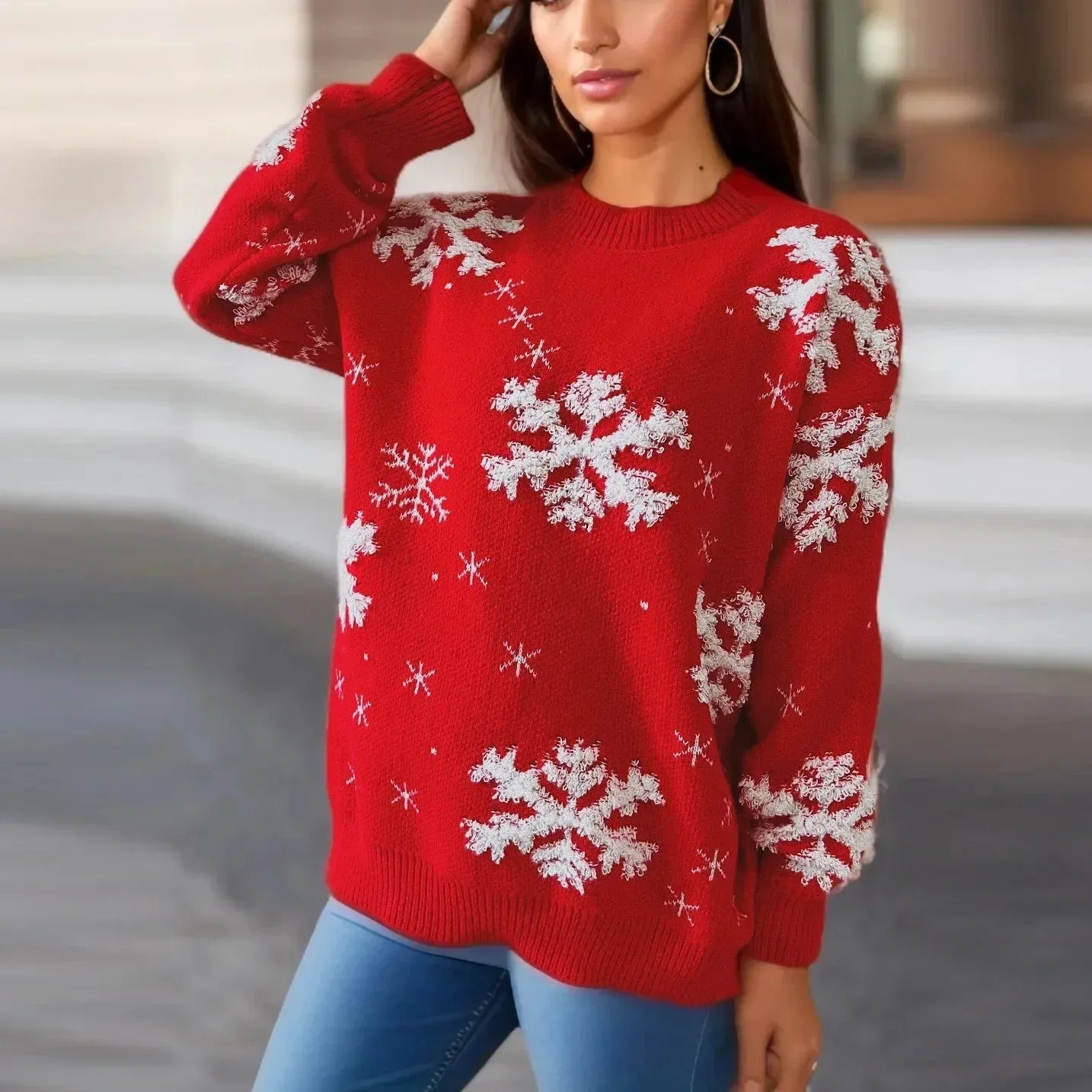 Wenkouban-Christmas Thanksgiving outfits_Snowflake Embroidered Round Neck Long Sleeve Crossbody Christmas Sweater