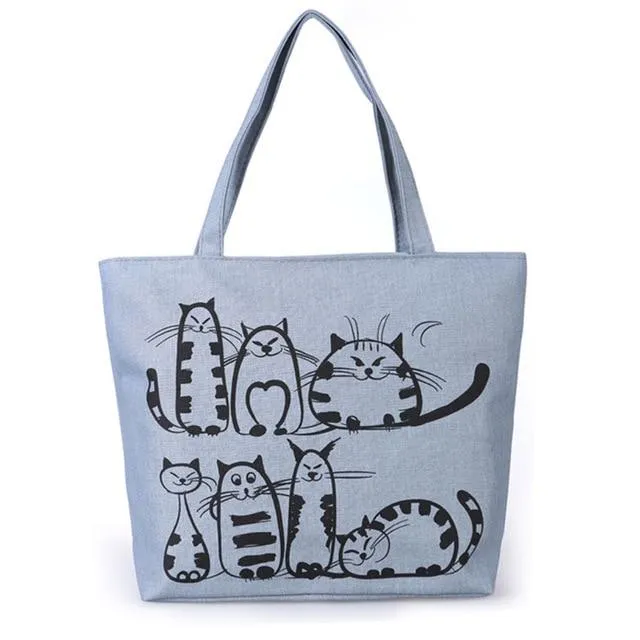 Women Canvas Handbag cartoon Cat Printed Shoulder bag Female Large Capacity Ladies Beach Bag Women Canvas Tote Shopping Handbags