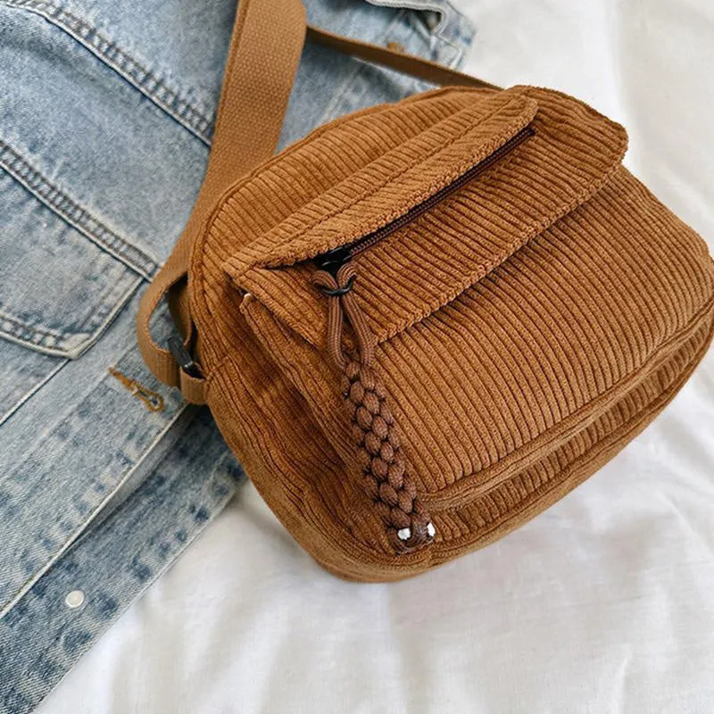 Women's Corduroy Shoulder Bag with Zipper