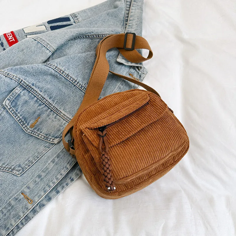 Women's Corduroy Shoulder Bag with Zipper