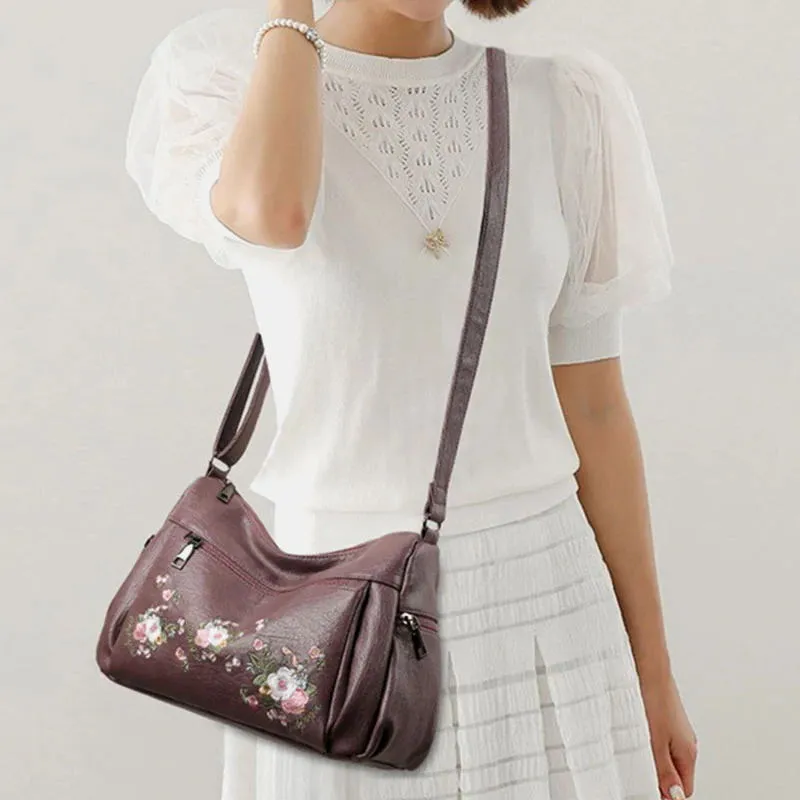 Womens Ethnic Flower Embroidered Soft Leather Crossbody Bag