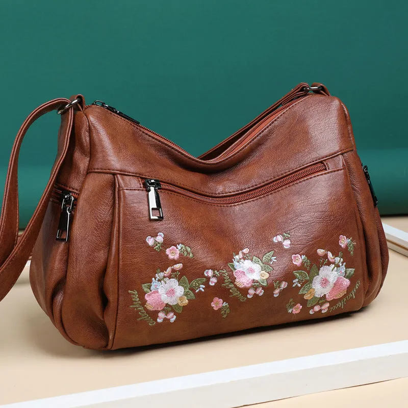 Womens Ethnic Flower Embroidered Soft Leather Crossbody Bag