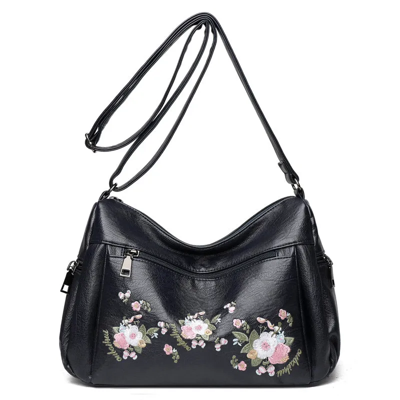 Womens Ethnic Flower Embroidered Soft Leather Crossbody Bag