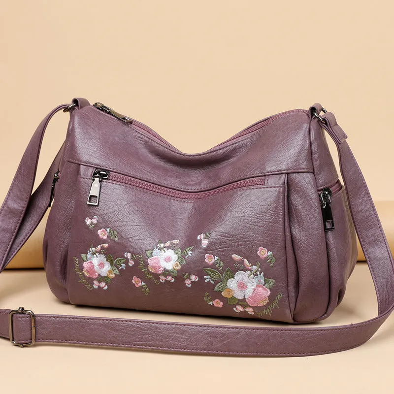 Womens Ethnic Flower Embroidered Soft Leather Crossbody Bag